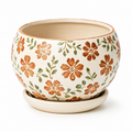 Hand-Painted Rustic Orange Floral Ceramic Planter with Saucer