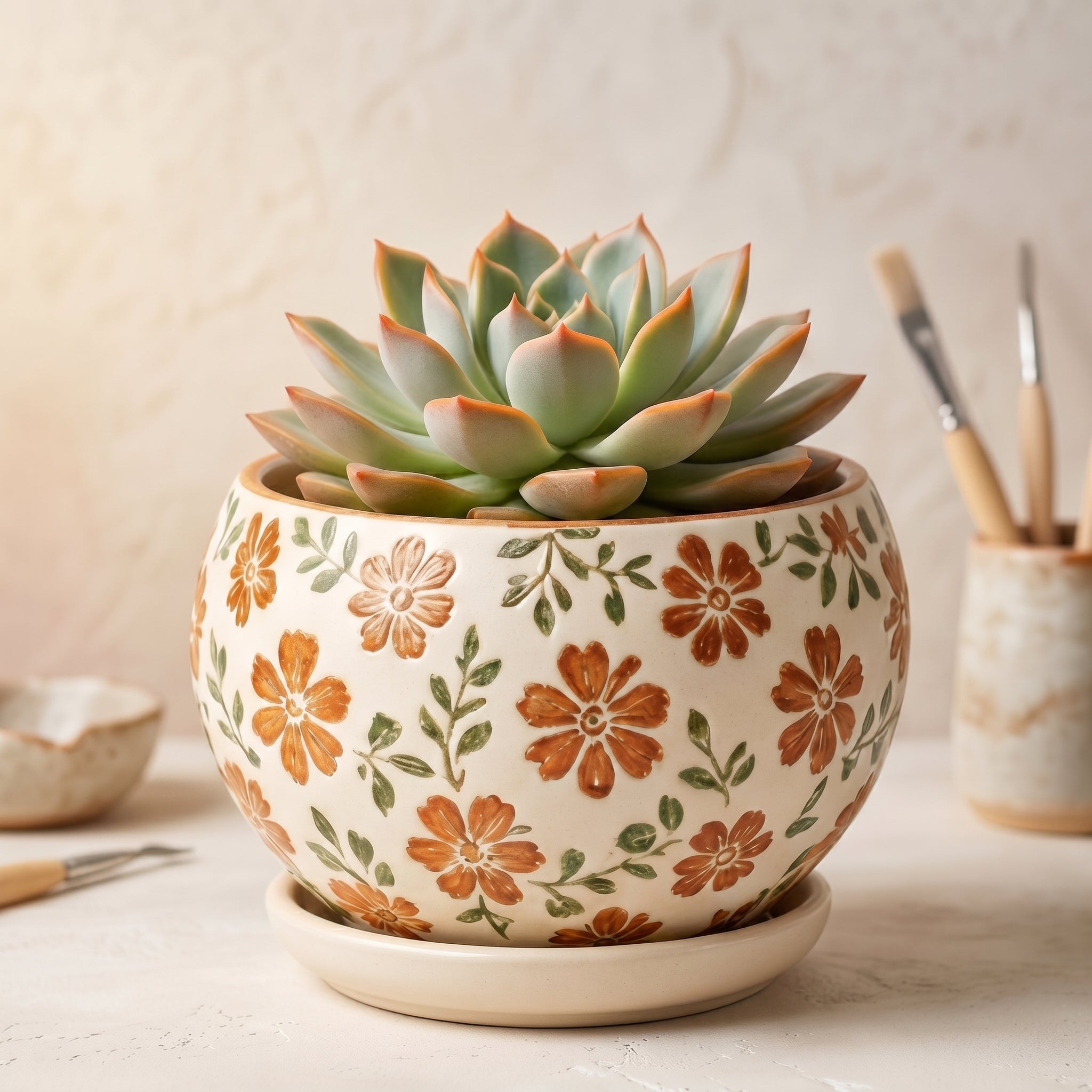 Hand-Painted Rustic Orange Floral Ceramic Planter with Saucer