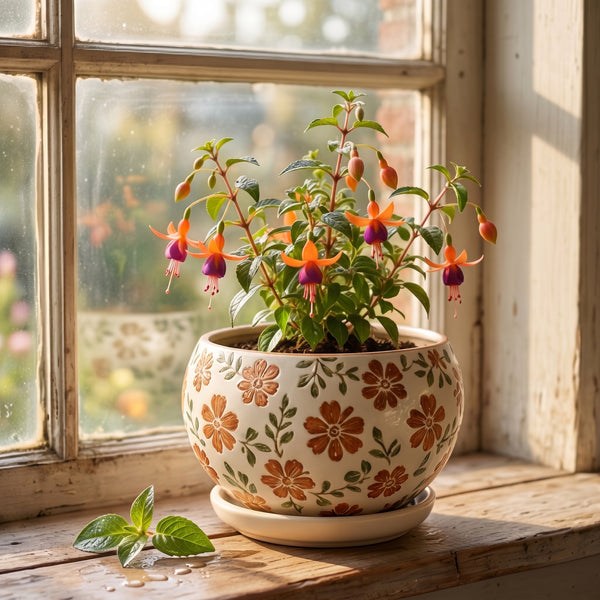 Hand-Painted Rustic Orange Floral Ceramic Planter with Saucer