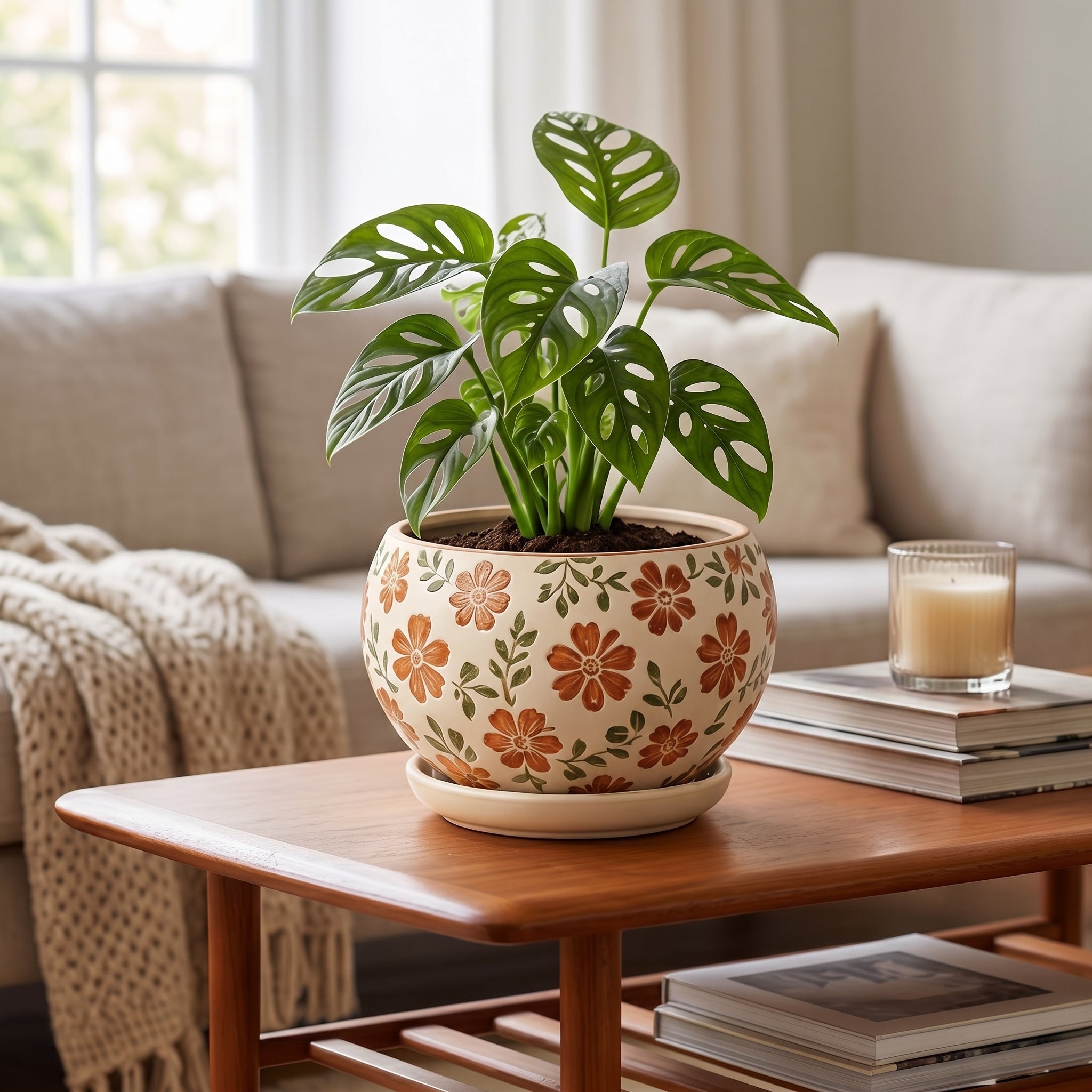 Hand-Painted Rustic Orange Floral Ceramic Planter with Saucer