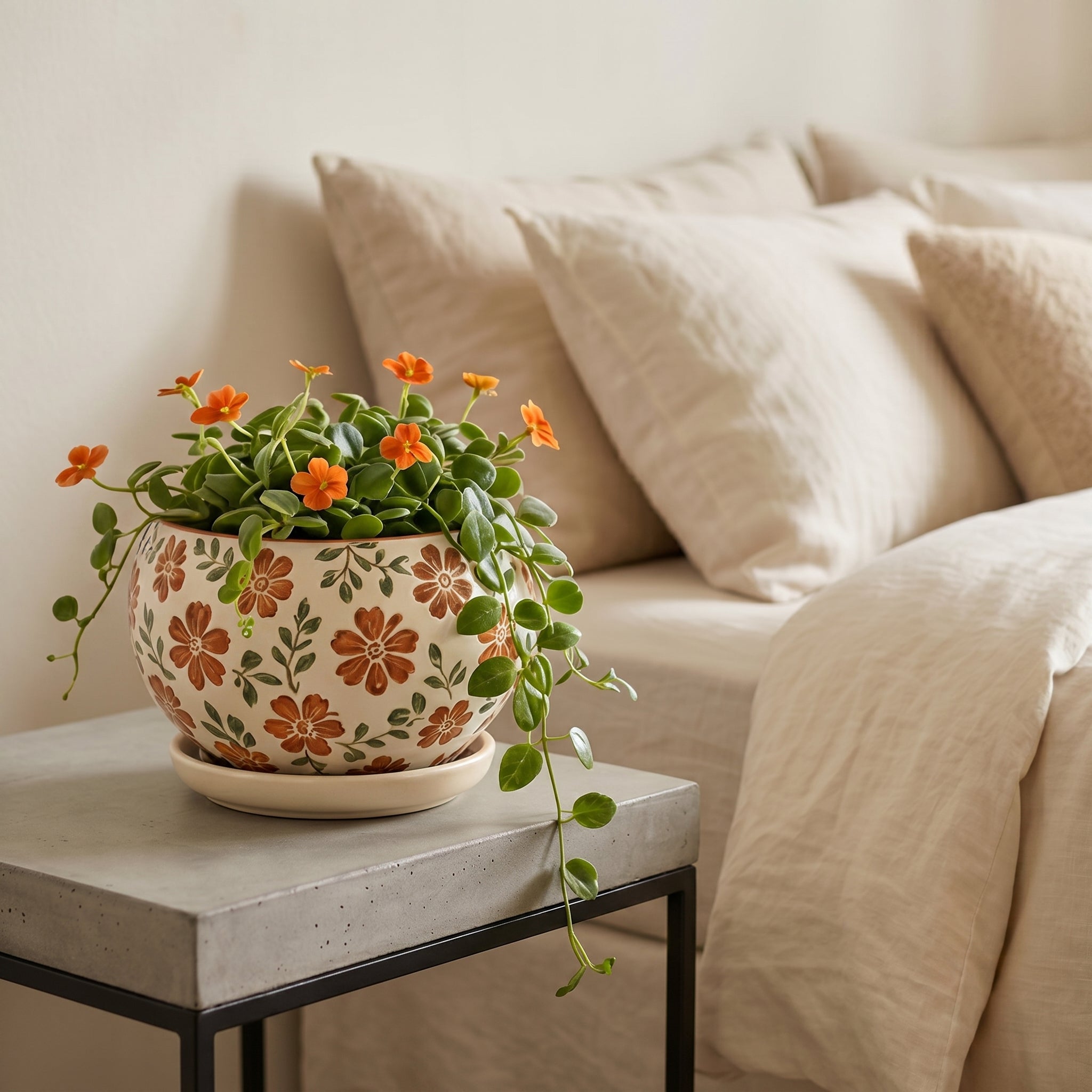 Hand-Painted Rustic Orange Floral Ceramic Planter with Saucer