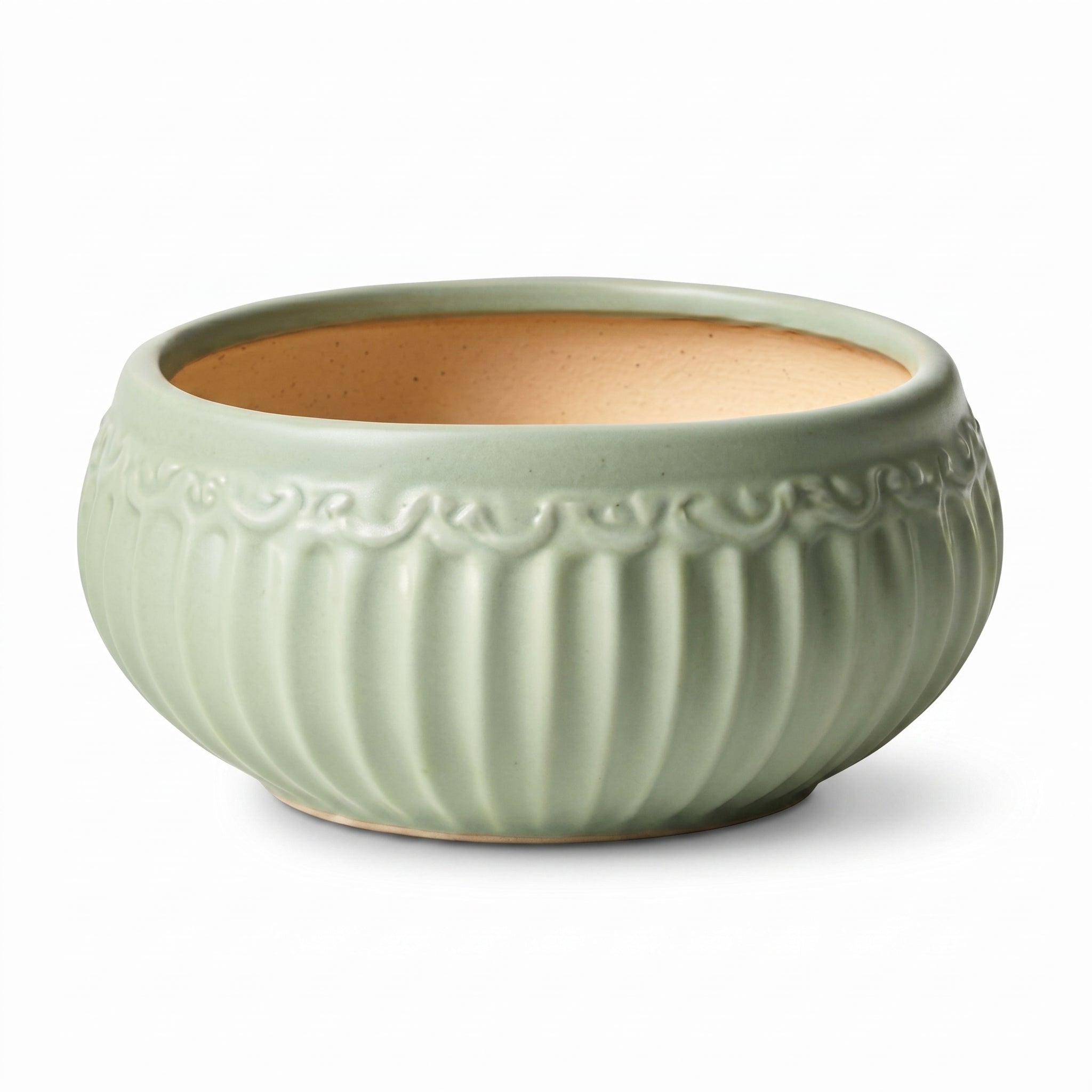 Sage Green Embossed Fluted Ceramic Planter Bowl