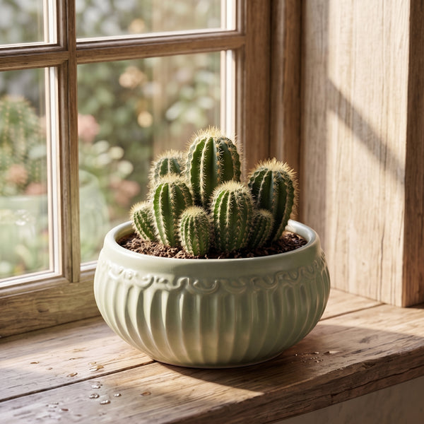 Sage Green Embossed Fluted Ceramic Planter Bowl