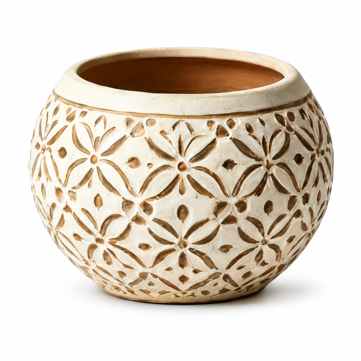 Cream Carved Geometric Floral Ceramic Planter