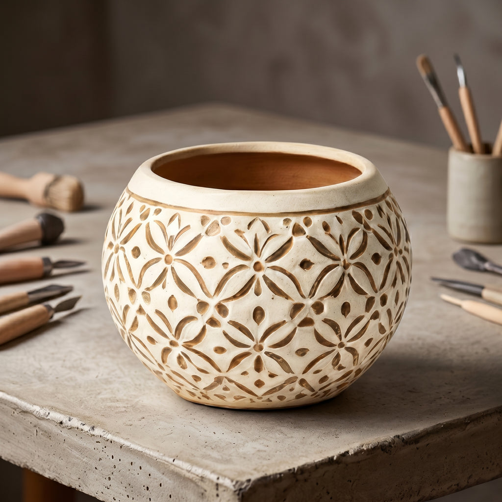 Cream Carved Geometric Floral Ceramic Planter