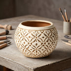Cream Carved Geometric Floral Ceramic Planter
