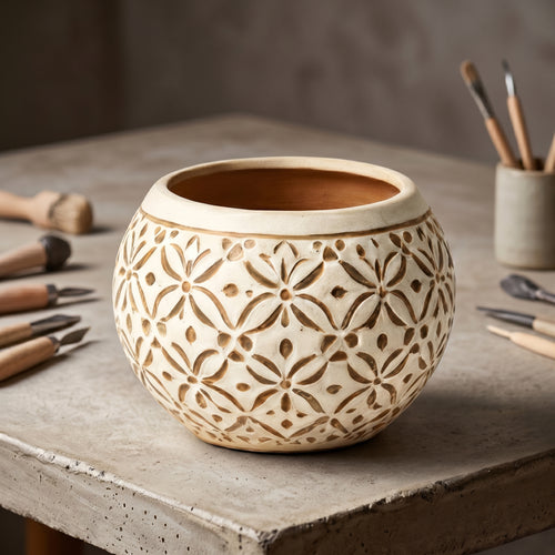 Cream Carved Geometric Floral Ceramic Planter