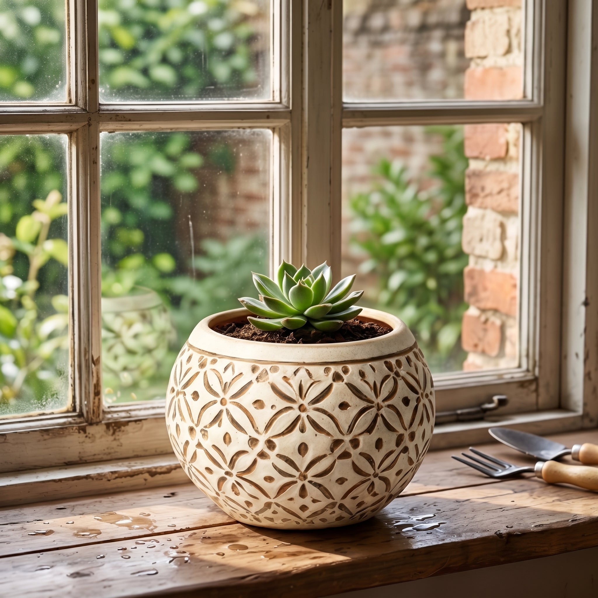 Cream Carved Geometric Floral Ceramic Planter