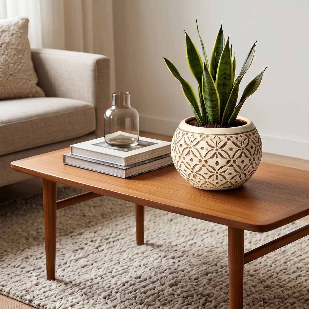 Cream Carved Geometric Floral Ceramic Planter