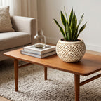 Cream Carved Geometric Floral Ceramic Planter