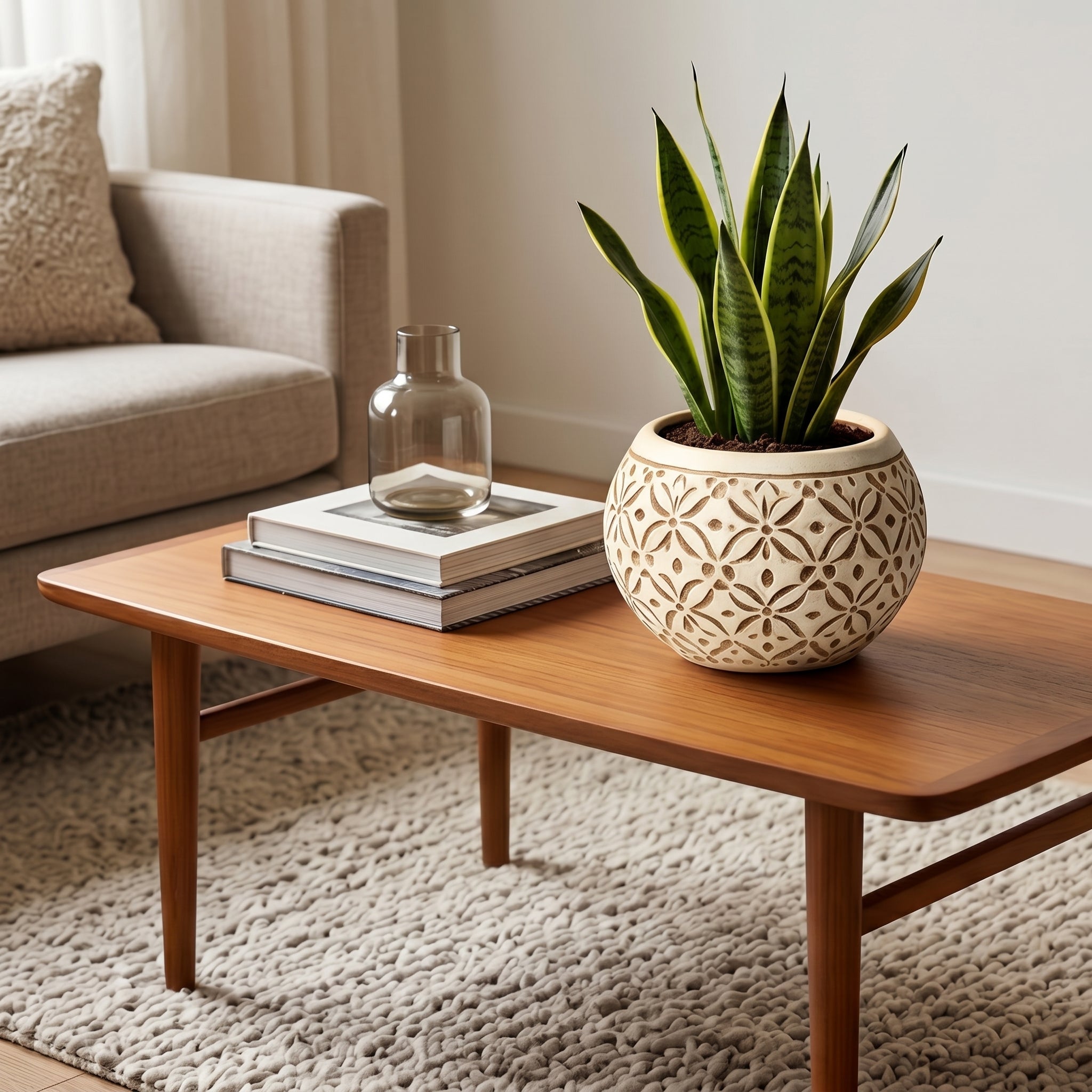 Cream Carved Geometric Floral Ceramic Planter