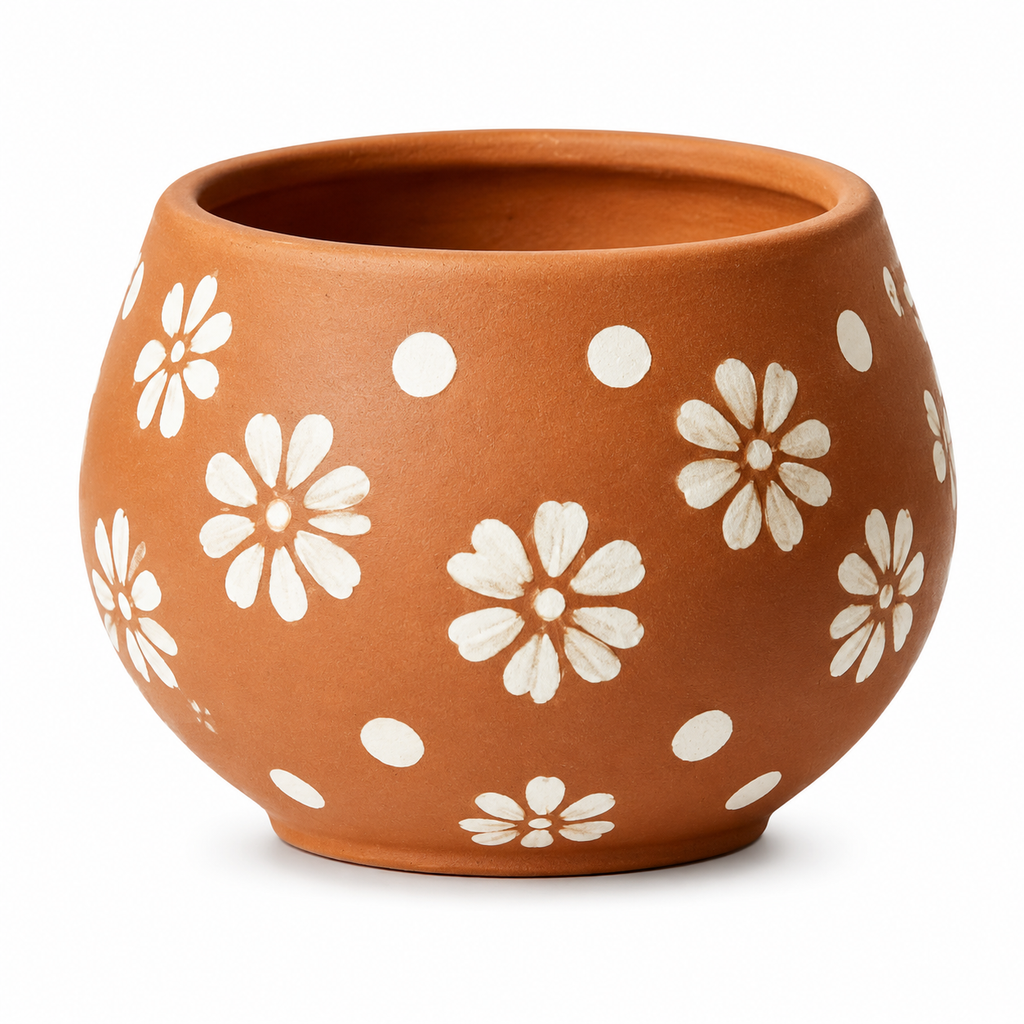 Hand-Painted Daisy Terracotta Globe Planter