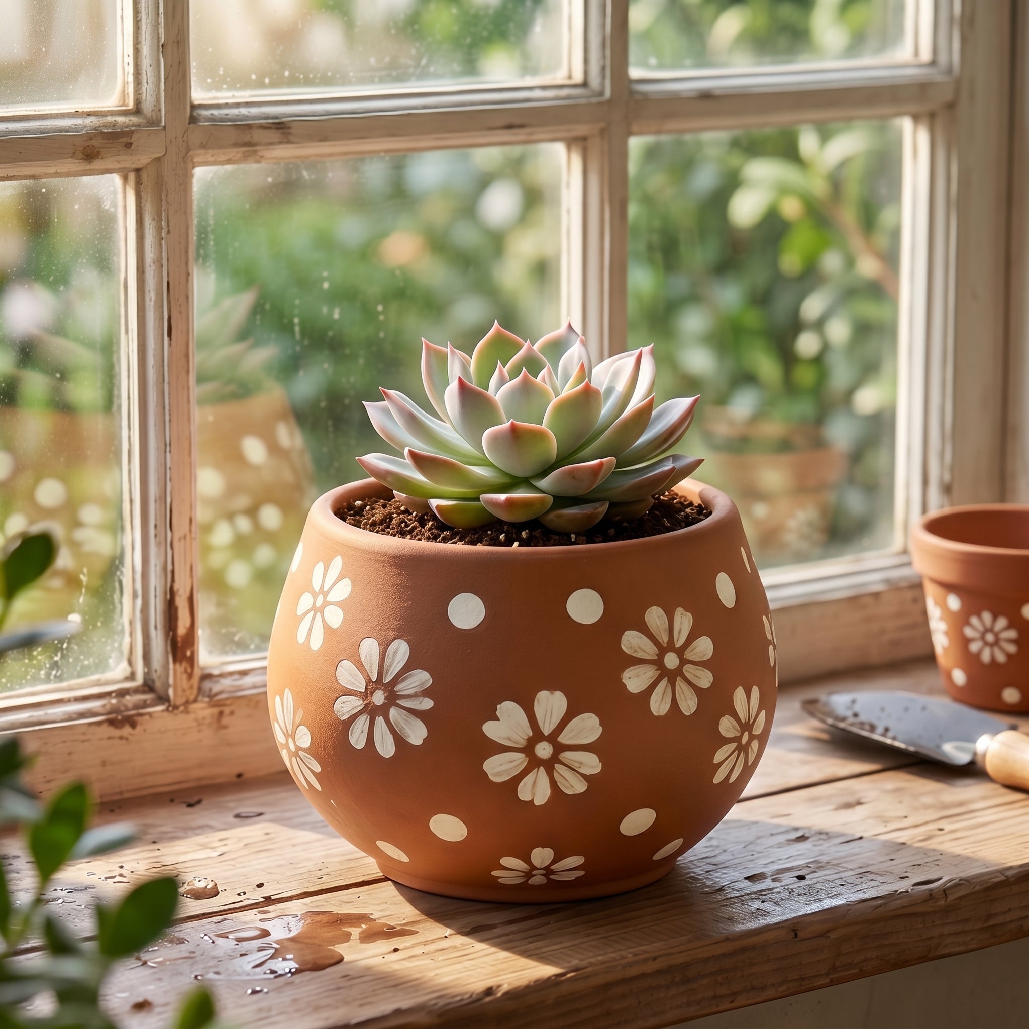 Hand-Painted Daisy Terracotta Globe Planter
