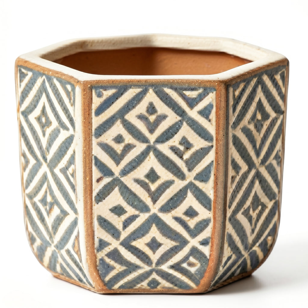 Indigo and Cream Geometric Hexagonal Ceramic Planter