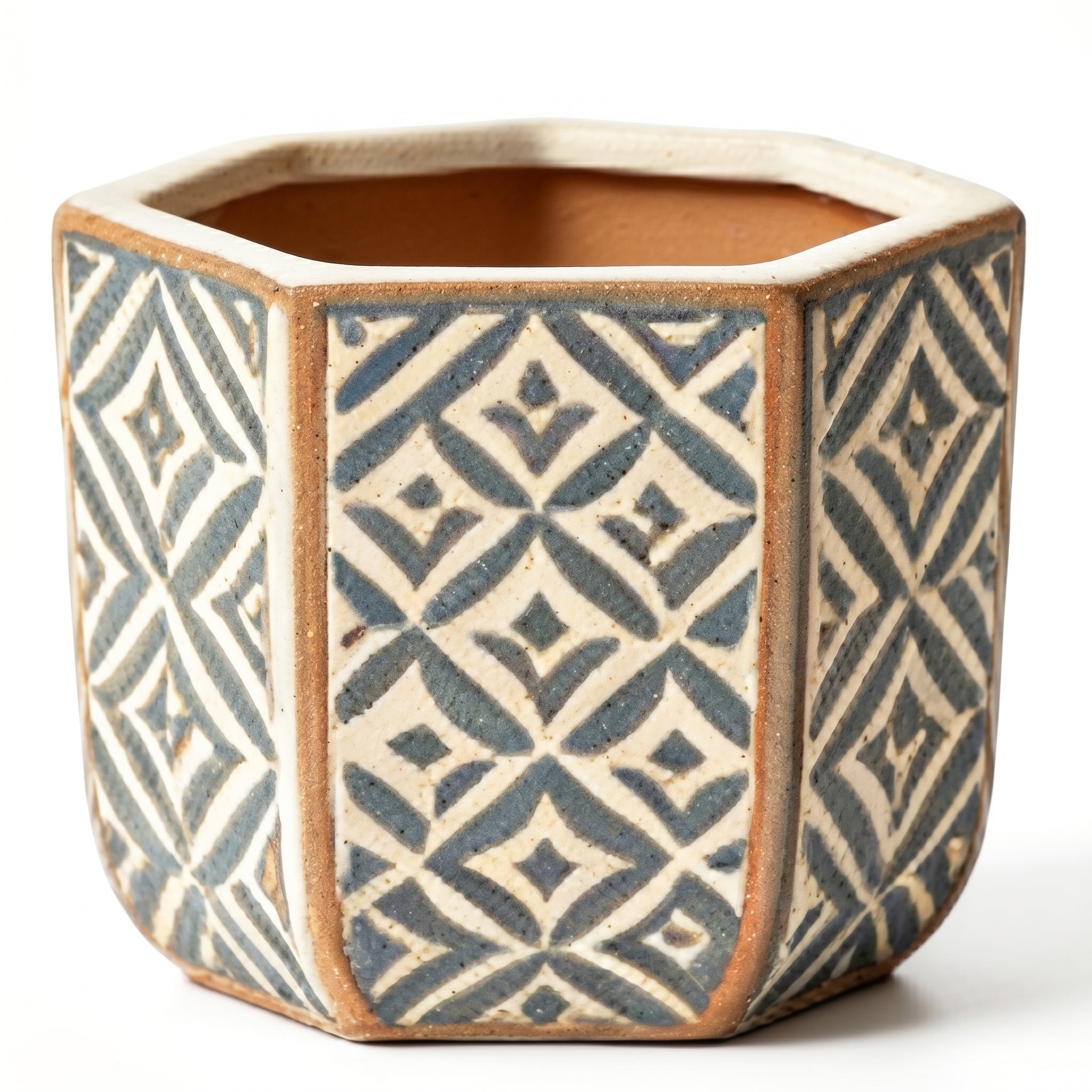 Indigo and Cream Geometric Hexagonal Ceramic Planter