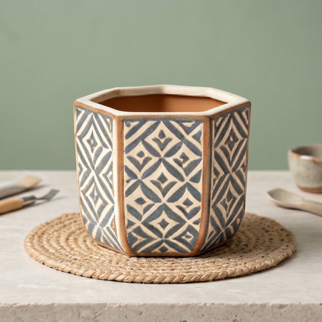 Indigo and Cream Geometric Hexagonal Ceramic Planter