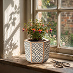 Indigo and Cream Geometric Hexagonal Ceramic Planter