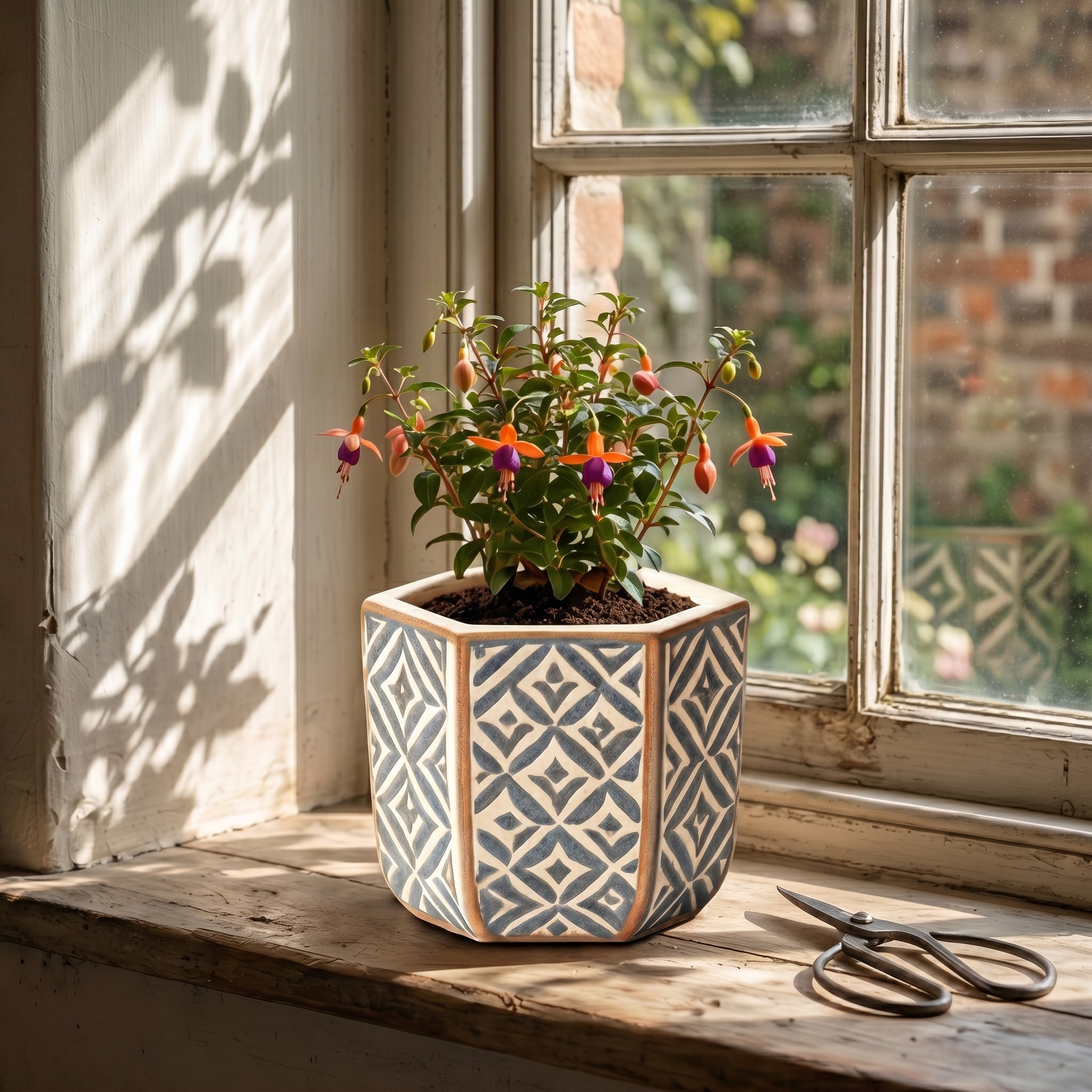 Indigo and Cream Geometric Hexagonal Ceramic Planter