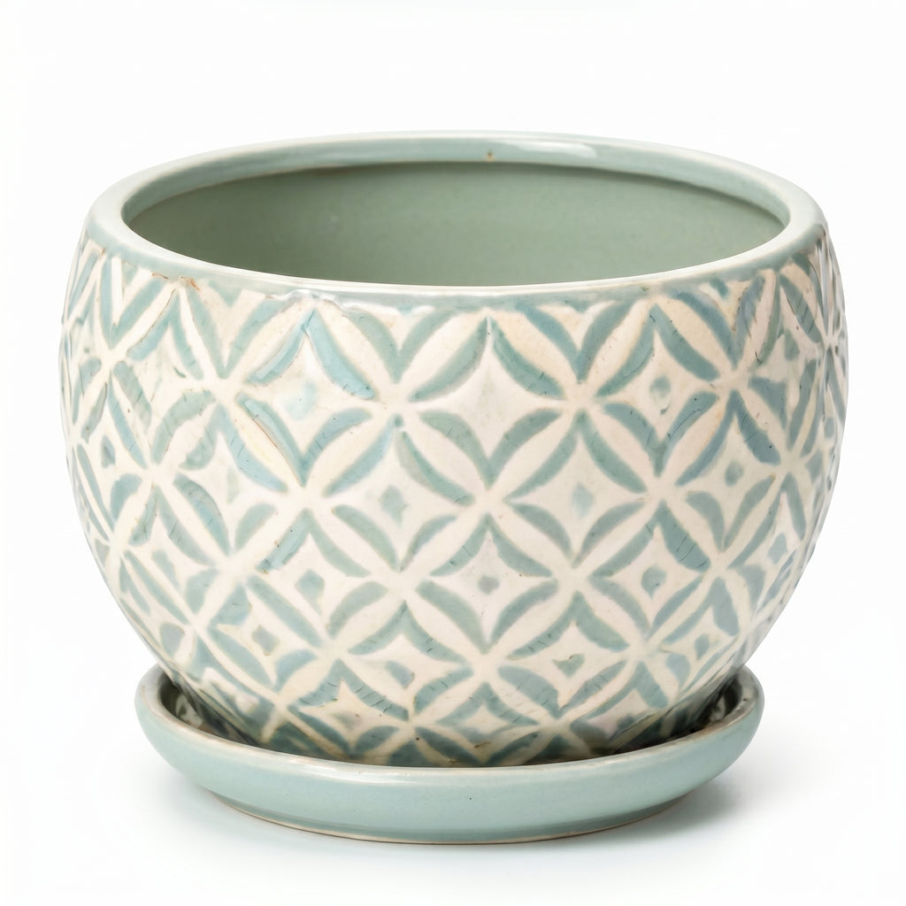 Seafoam Green Geometric Lattice Ceramic Planter with Saucer