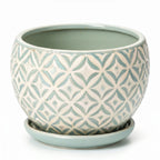 Seafoam Green Geometric Lattice Ceramic Planter with Saucer