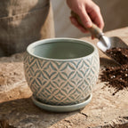 Seafoam Green Geometric Lattice Ceramic Planter with Saucer