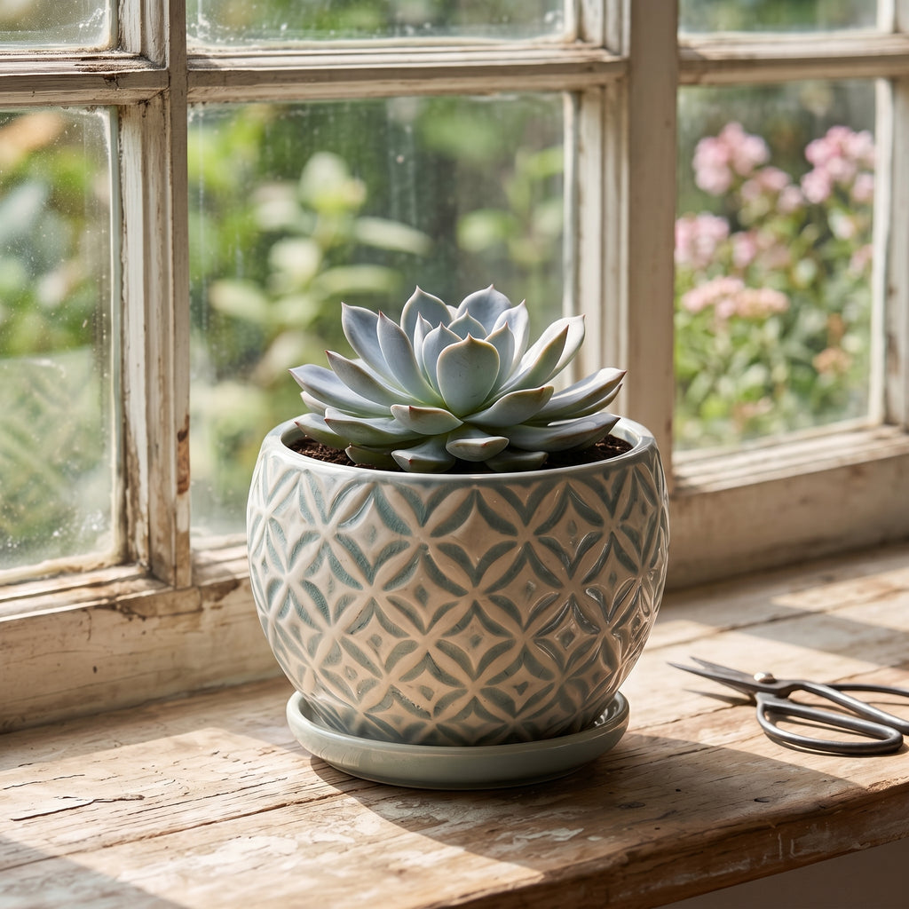 Seafoam Green Geometric Lattice Ceramic Planter with Saucer