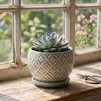 Seafoam Green Geometric Lattice Ceramic Planter with Saucer