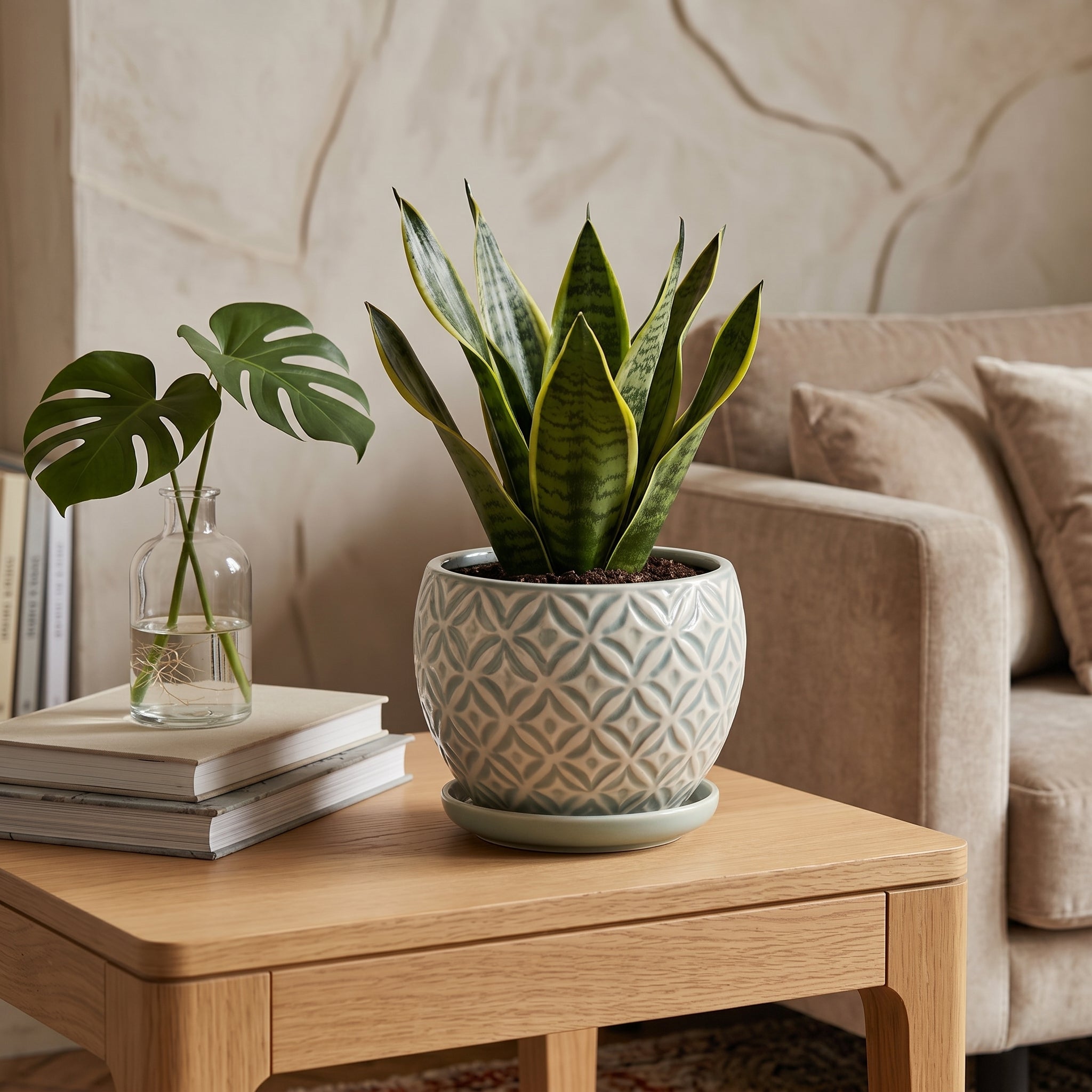 Seafoam Green Geometric Lattice Ceramic Planter with Saucer