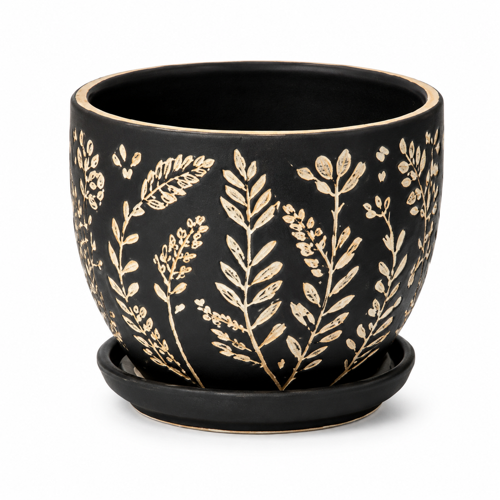 Matte Black Etched Botanical Ceramic Planter with Saucer