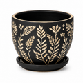 Matte Black Etched Botanical Ceramic Planter with Saucer