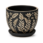 Matte Black Etched Botanical Ceramic Planter with Saucer