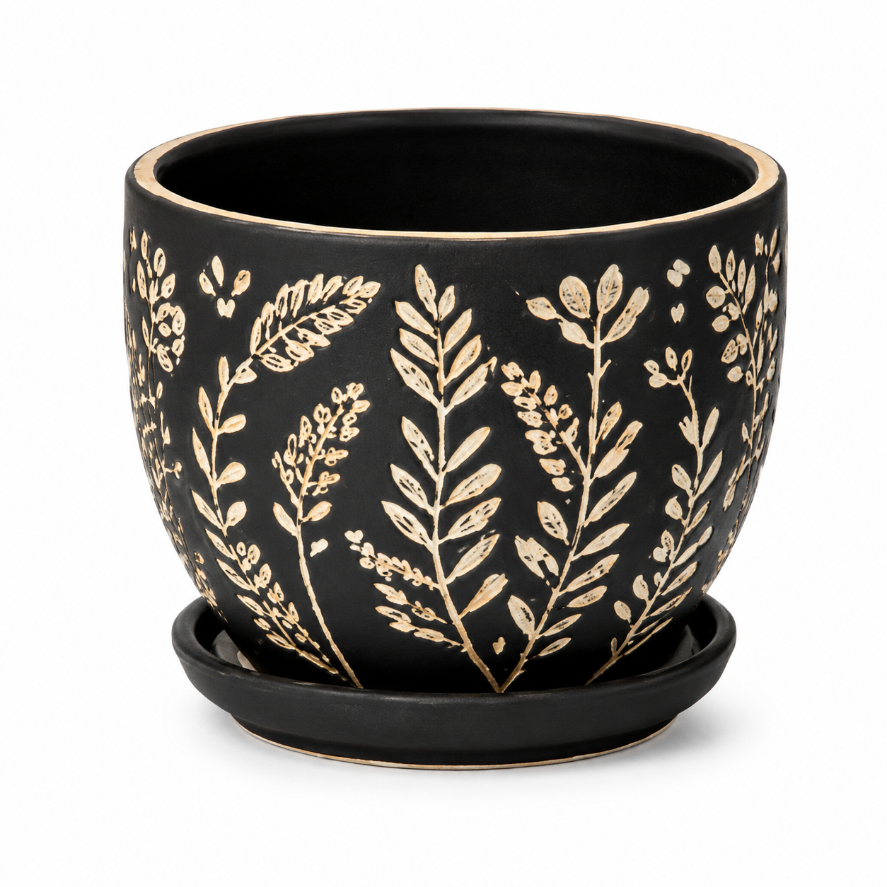 Matte Black Etched Botanical Ceramic Planter with Saucer
