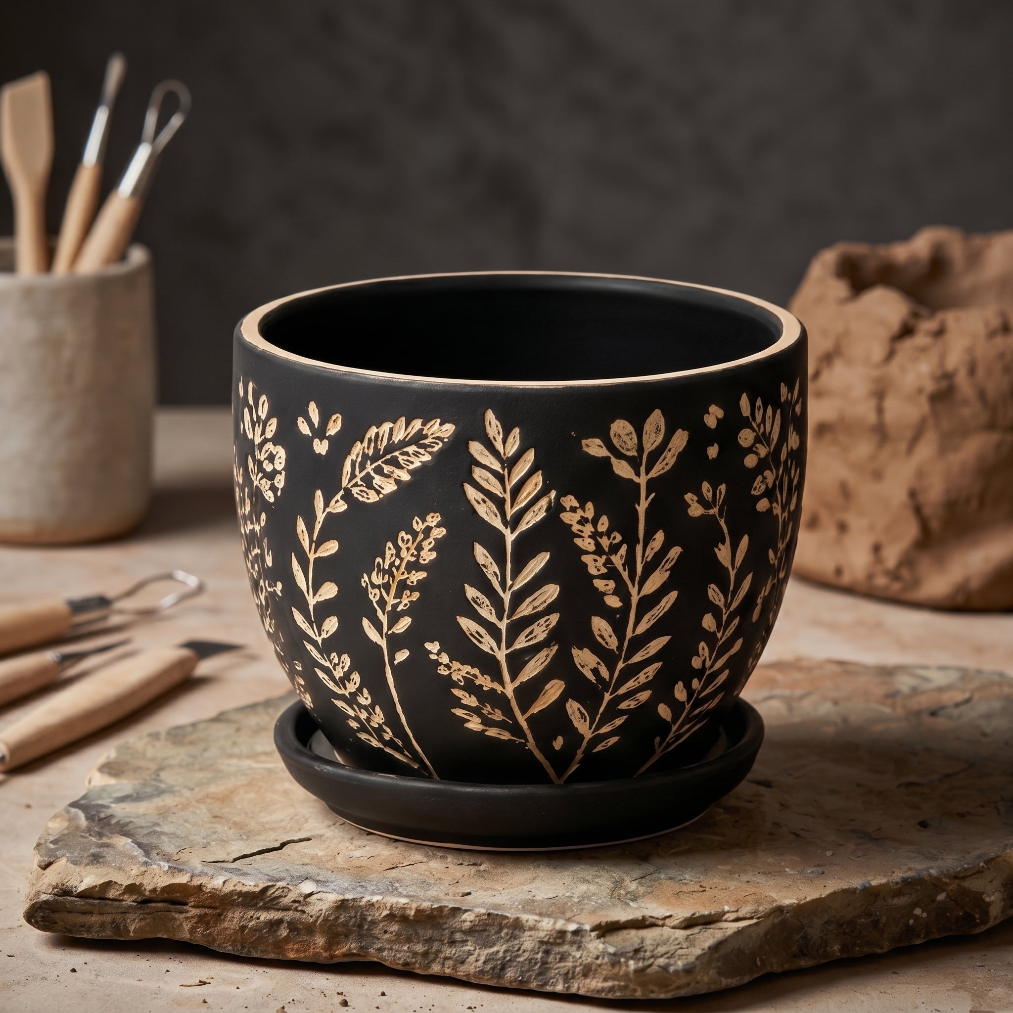 Matte Black Etched Botanical Ceramic Planter with Saucer