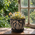 Matte Black Etched Botanical Ceramic Planter with Saucer