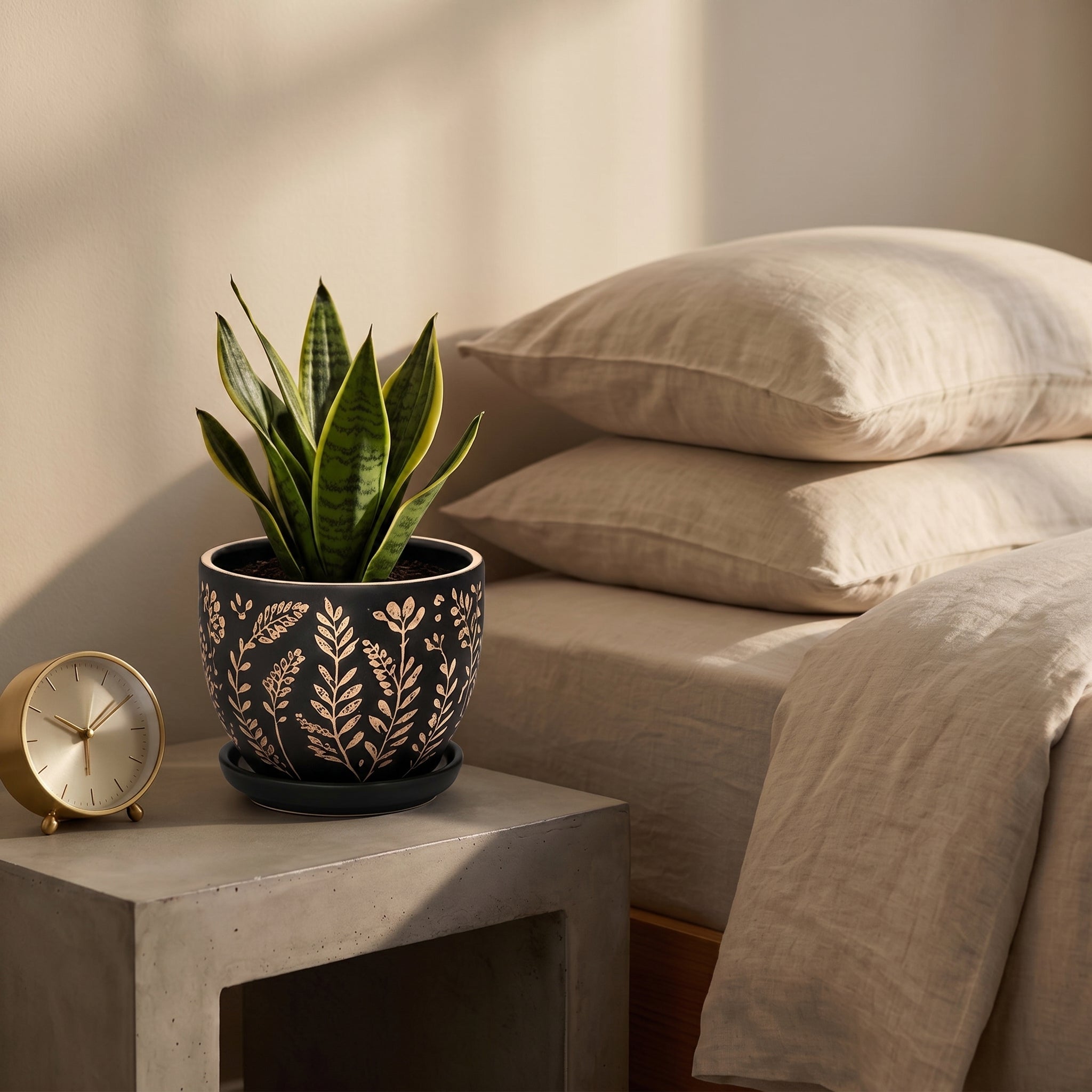 Matte Black Etched Botanical Ceramic Planter with Saucer