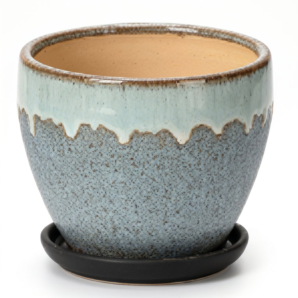 Speckled Grey and Mint Drip Glaze Ceramic Planter with Saucer