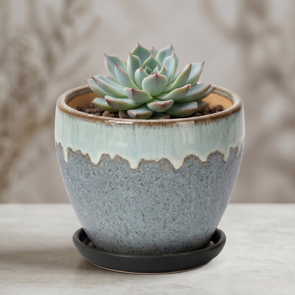 Speckled Grey and Mint Drip Glaze Ceramic Planter with Saucer