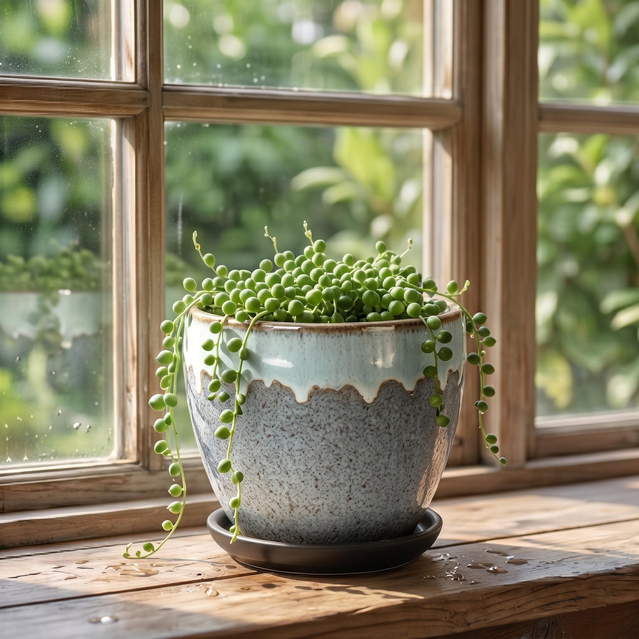 Speckled Grey and Mint Drip Glaze Ceramic Planter with Saucer
