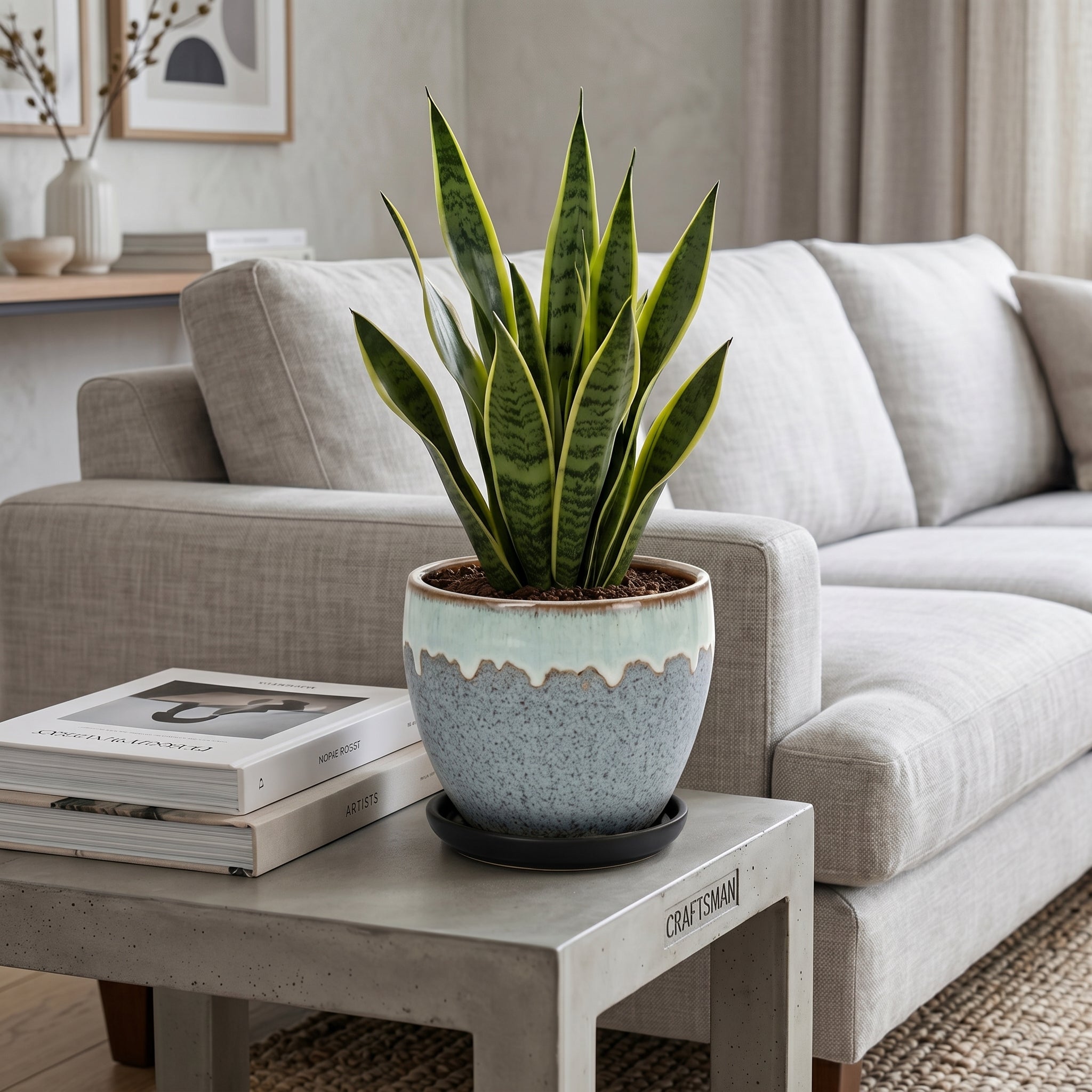 Speckled Grey and Mint Drip Glaze Ceramic Planter with Saucer