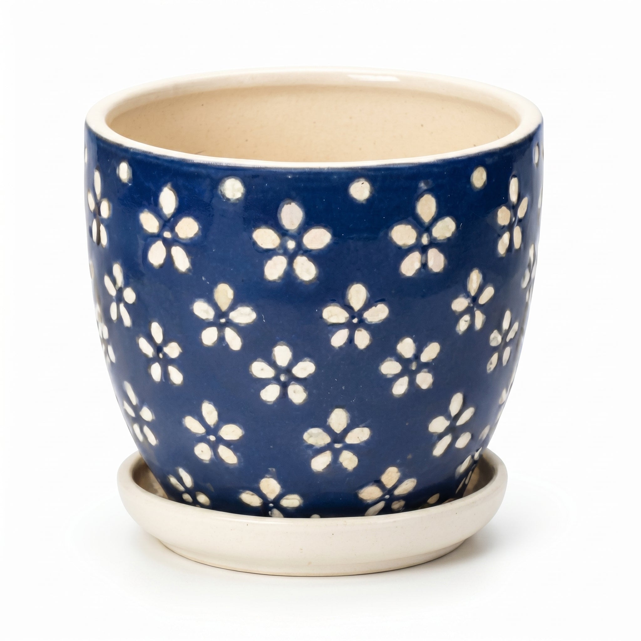 Cobalt Blue Floral Ceramic Planter with Saucer