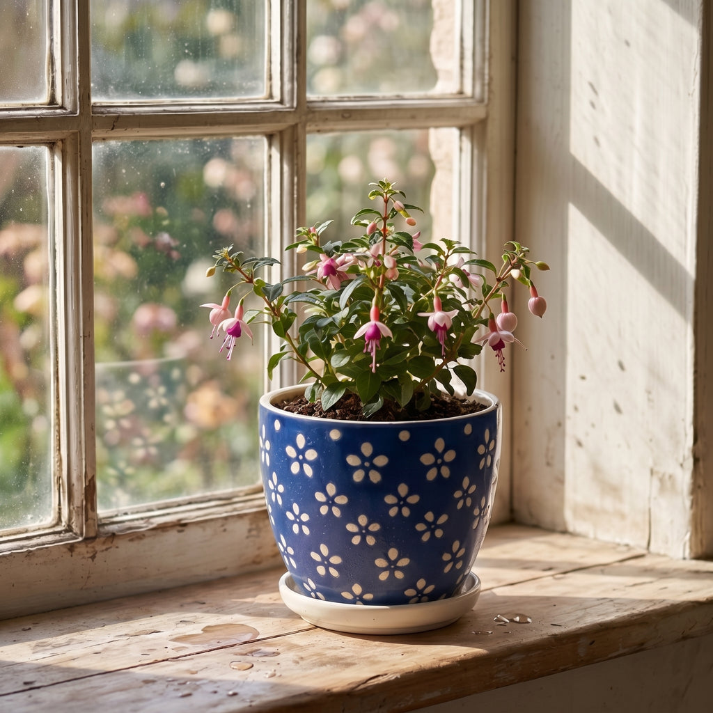Cobalt Blue Floral Ceramic Planter with Saucer