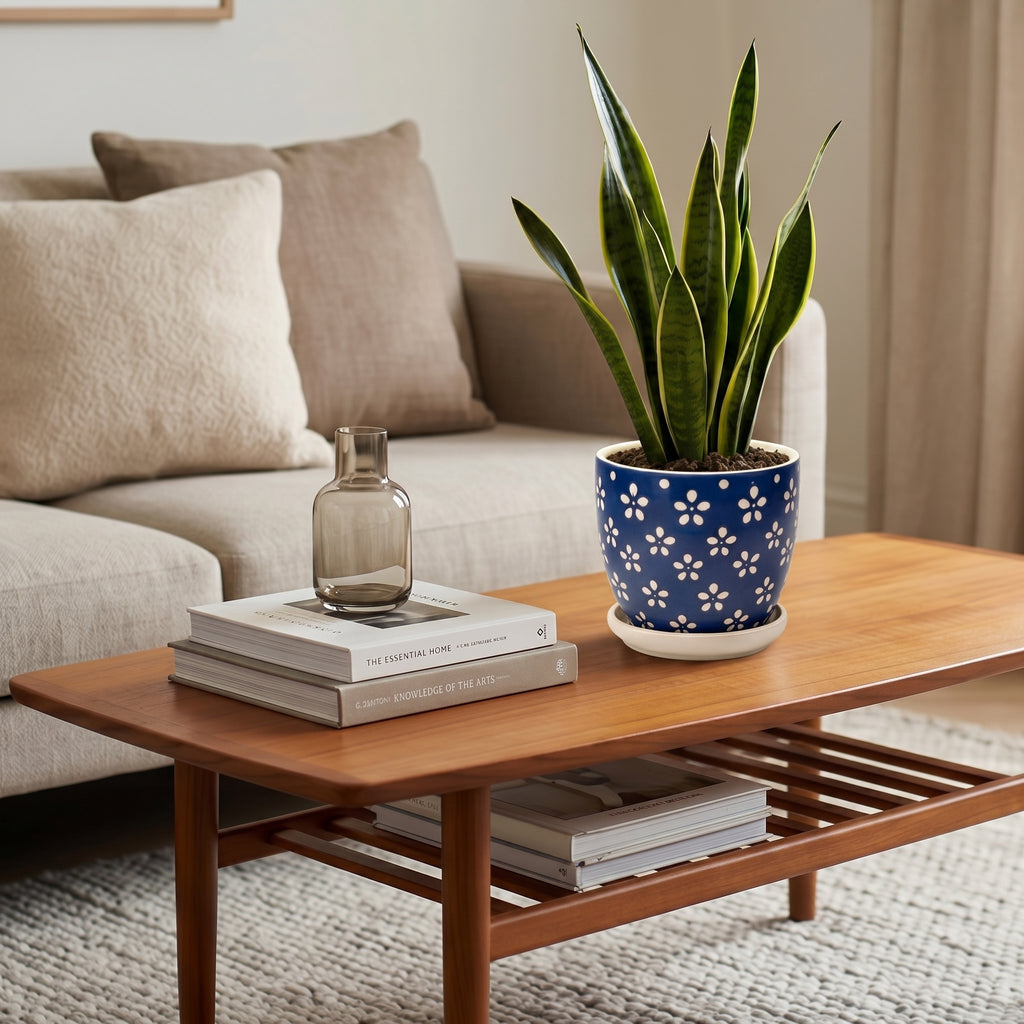 Cobalt Blue Floral Ceramic Planter with Saucer