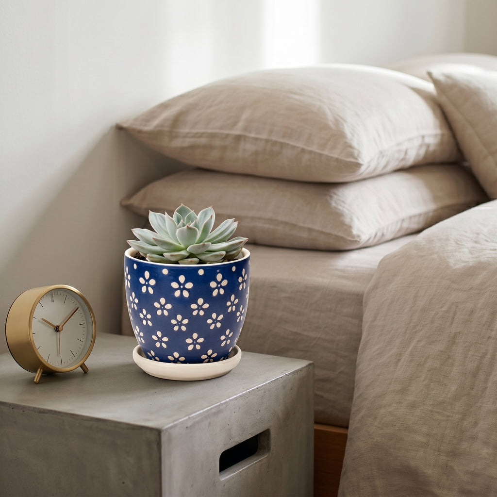 Cobalt Blue Floral Ceramic Planter with Saucer