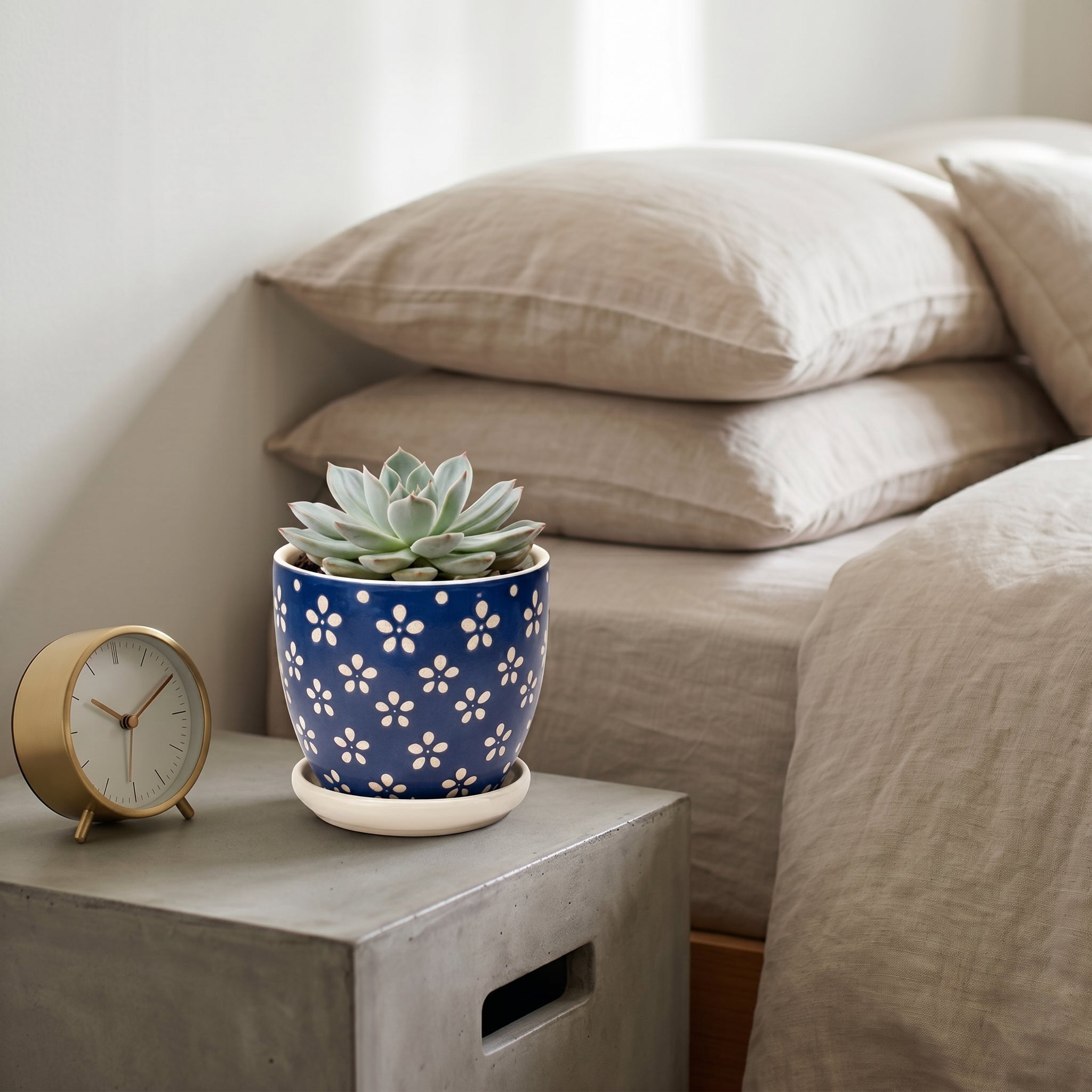 Cobalt Blue Floral Ceramic Planter with Saucer