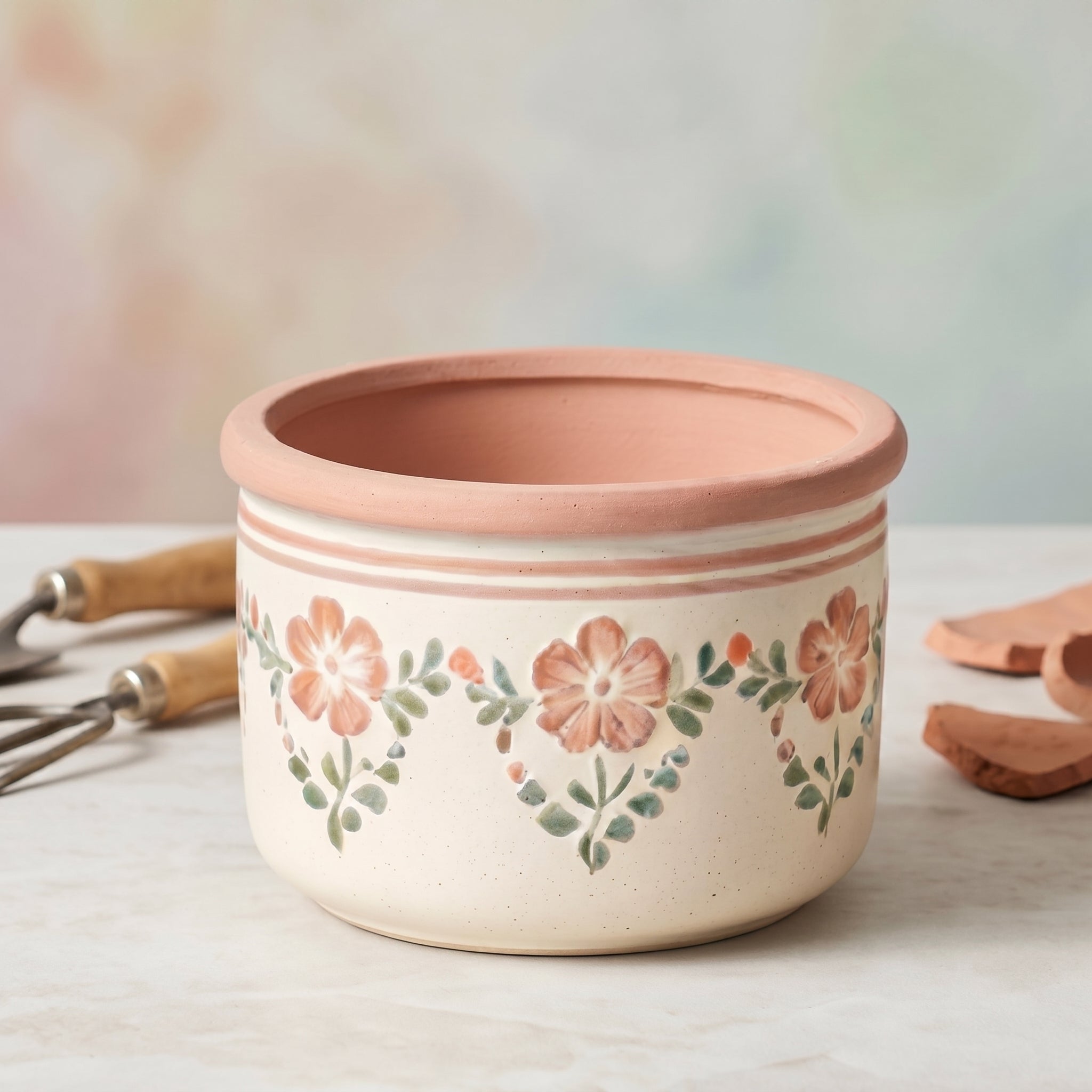Vintage Floral Ceramic Planter with Terracotta Rim