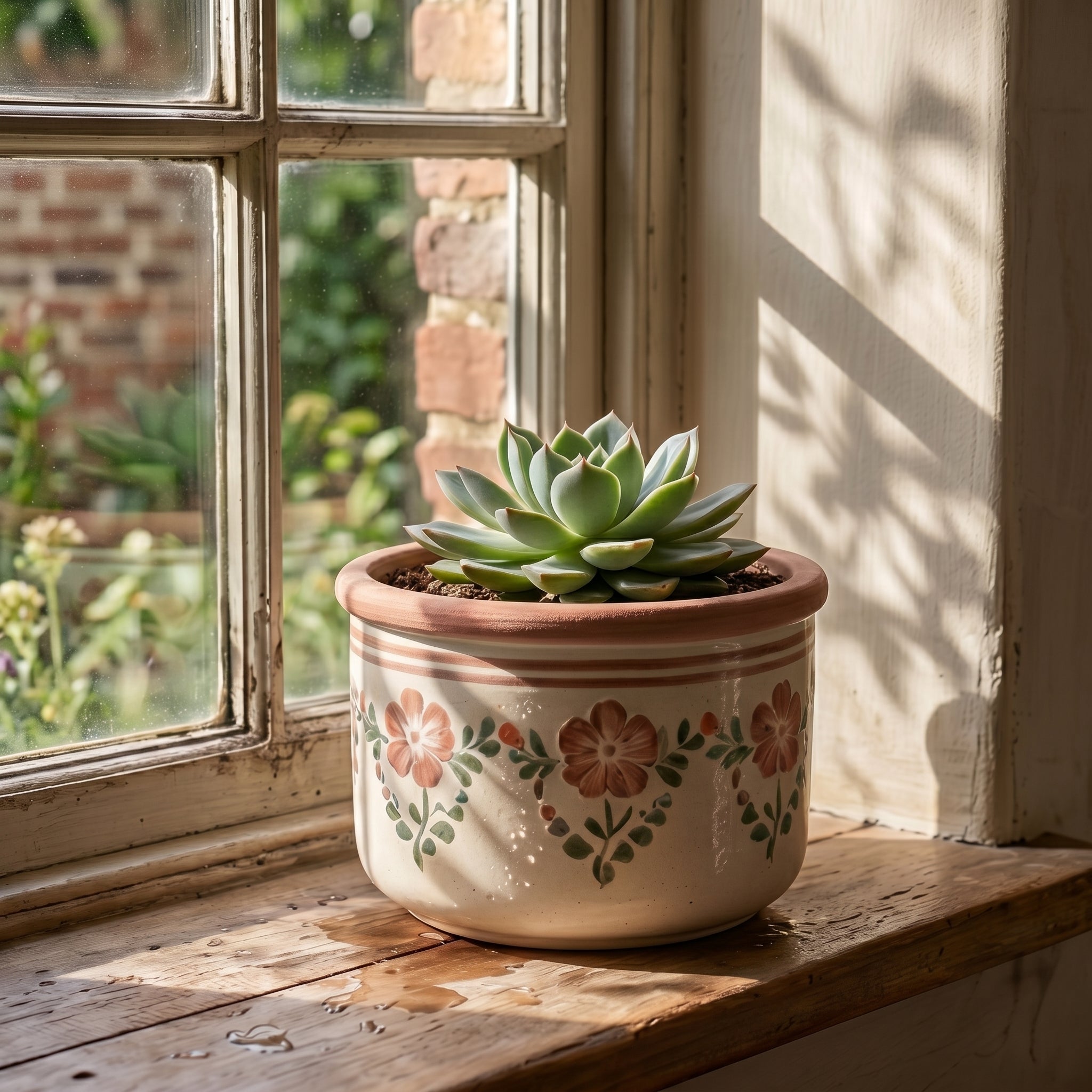 Vintage Floral Ceramic Planter with Terracotta Rim