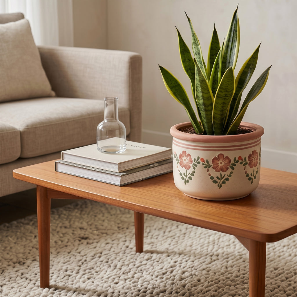 Vintage Floral Ceramic Planter with Terracotta Rim