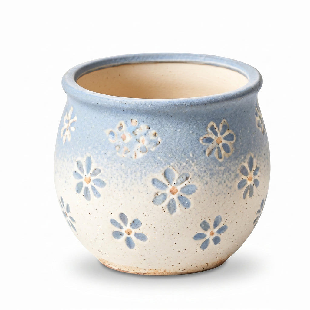 Pastel Blue and Cream Floral Ceramic Planter