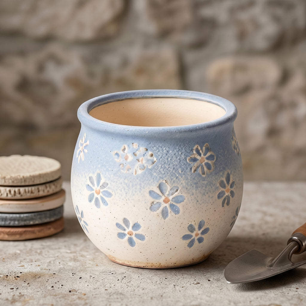 Pastel Blue and Cream Floral Ceramic Planter