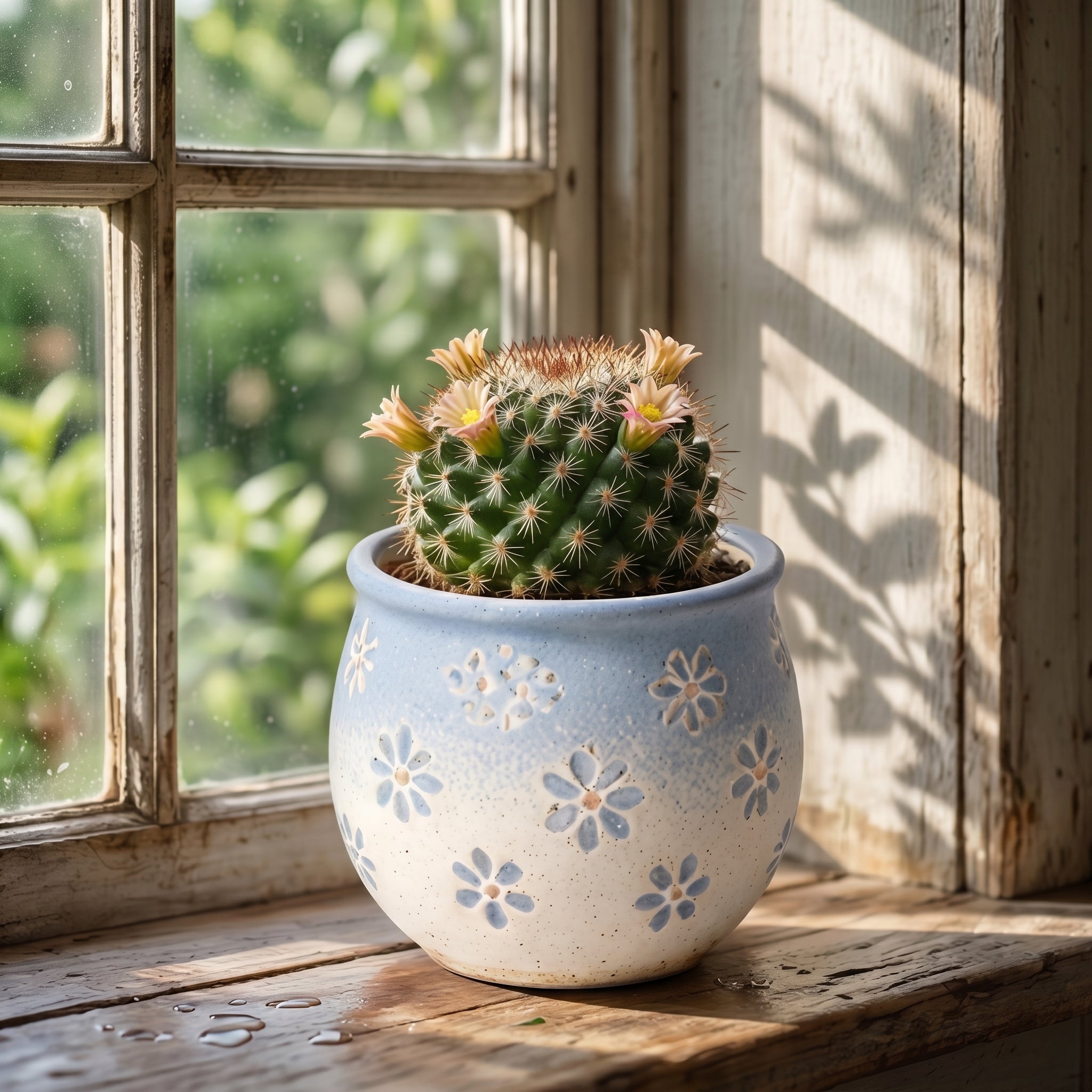 Pastel Blue and Cream Floral Ceramic Planter